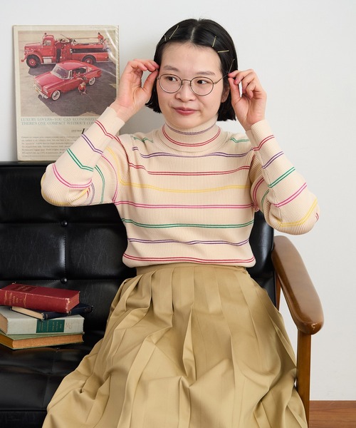 CHILD WOMAN（チャイルドウーマン）の「もちもちマルチボーダー リブタートル（ニット/セーター・レディース・ネイビー/アイボリー・FREE）」の2枚目の写真