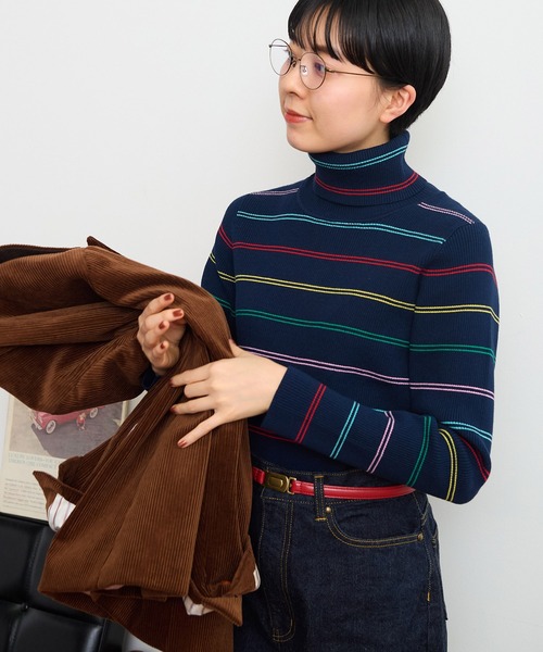 CHILD WOMAN（チャイルドウーマン）の「もちもちマルチボーダー リブタートル（ニット/セーター・レディース・ネイビー/アイボリー・FREE）」の12枚目の写真