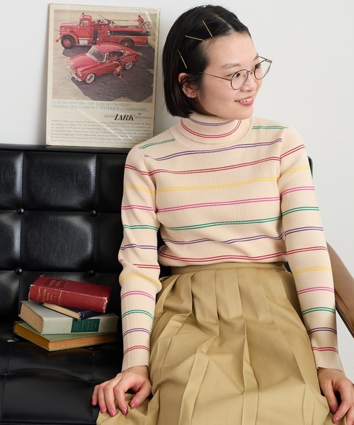 CHILD WOMAN（チャイルドウーマン）の「もちもちマルチボーダー リブタートル（ニット/セーター・レディース・ネイビー/アイボリー・FREE）」の3枚目の写真