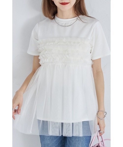 &. NOSTALGIA(アンドドットノスタルジア)の「【ZOZO限定】フリルチュールドッキングTシャツ(Tシャツ/カットソー・レディース・グレー/ブラック/オフホワイト・M)」の2枚目の写真