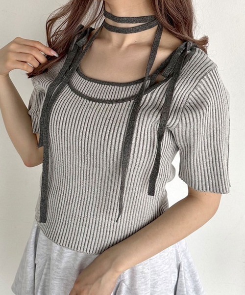 OLIVE des OLIVE（オリーブデオリーブ）の「肩リボンレイヤードリブニット　1041050320（ニット/セーター・レディース・オフホワイト/ライトグレー/ピンク/ブラック・FREE）」の4枚目の写真