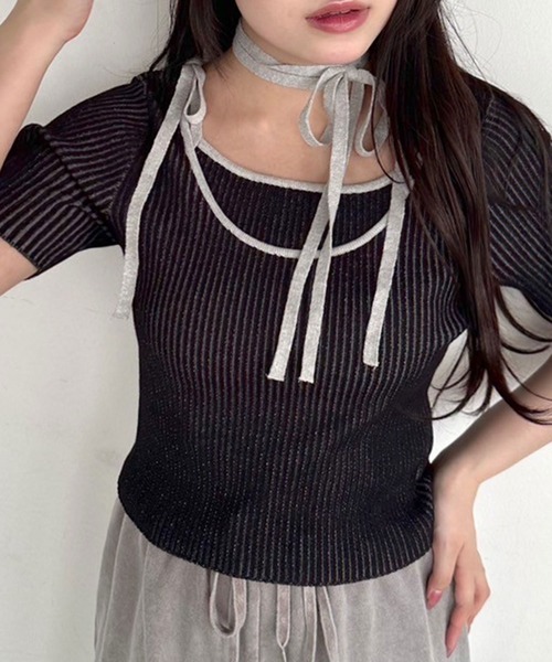 OLIVE des OLIVE（オリーブデオリーブ）の「肩リボンレイヤードリブニット　1041050320（ニット/セーター・レディース・オフホワイト/ライトグレー/ピンク/ブラック・FREE）」の3枚目の写真