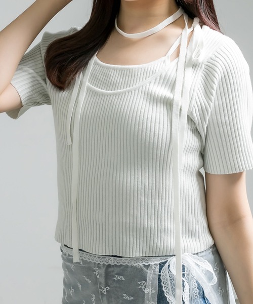 OLIVE des OLIVE（オリーブデオリーブ）の「肩リボンレイヤードリブニット　1041050320（ニット/セーター・レディース・オフホワイト/ライトグレー/ピンク/ブラック・FREE）」の5枚目の写真