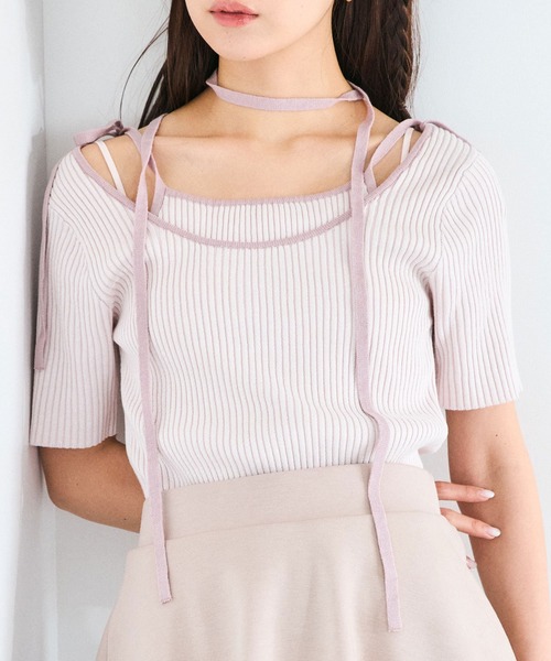 OLIVE des OLIVE（オリーブデオリーブ）の「肩リボンレイヤードリブニット　1041050320（ニット/セーター・レディース・オフホワイト/ライトグレー/ピンク/ブラック・FREE）」の22枚目の写真