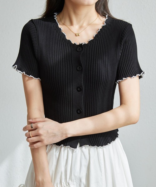MAISON DE THERESE(メゾン ド テレーズ)の「配色メロー ボタン開 リブTシャツ(カーディガン/ボレロ・レディース・ホワイト/ブラック/ピンク/ベージュ/ブルー・FREE)」の9枚目の写真