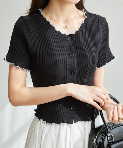 MAISON DE THERESE(メゾン ド テレーズ)の「配色メロー ボタン開 リブTシャツ(カーディガン/ボレロ・レディース・ホワイト/ブラック/ピンク/ベージュ/ブルー・FREE)」の8枚目の写真