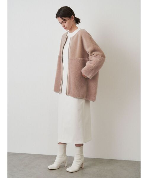 【美品】エレンディーク　アイボリー パフスリーブ ジャケット セール】ウールボアリバーシブルコート（ノーカラージャケット