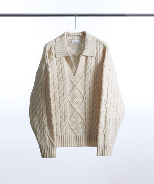 ZIP FIVE -White Line-(ジップファイブホワイトライン)の「【White Line】 スキッパー チャンキー ニット / 短丈 ニット / セーター(ニット/セーター・メンズ・アイボリー/チャコール/ブラック・X-LARGE/LARGE/MEDIUM)」の2枚目の写真