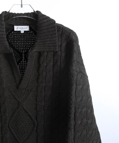 ZIP FIVE -White Line-(ジップファイブホワイトライン)の「【White Line】 スキッパー チャンキー ニット / 短丈 ニット / セーター(ニット/セーター・メンズ・アイボリー/チャコール/ブラック・X-LARGE/LARGE/MEDIUM)」の6枚目の写真