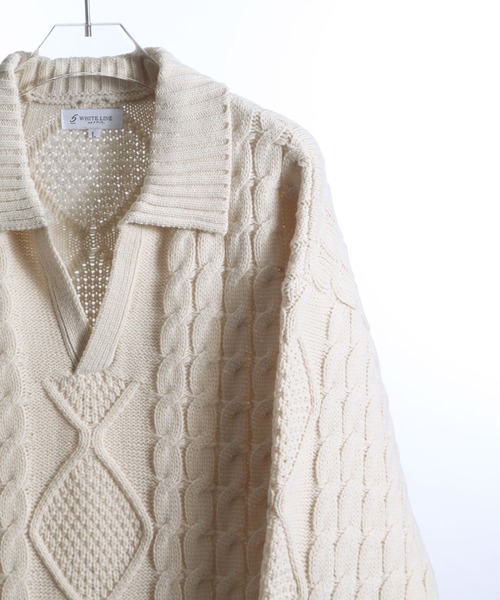 ZIP FIVE -White Line-(ジップファイブホワイトライン)の「【White Line】 スキッパー チャンキー ニット / 短丈 ニット / セーター(ニット/セーター・メンズ・アイボリー/チャコール/ブラック・X-LARGE/LARGE/MEDIUM)」の5枚目の写真