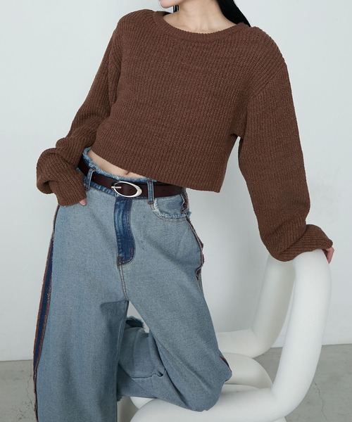 セール】Tape yarn power shoulder compact short knit / テープ