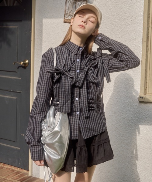Birthday room(バースデイルーム)の「チェックリボンシャツ/check ribbon shirt(シャツ/ブラウス・レディース・ブラック・FREE)」の4枚目の写真
