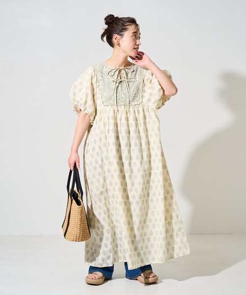 限定展開 インド 花柄 フロント 切り替え ワンピース
