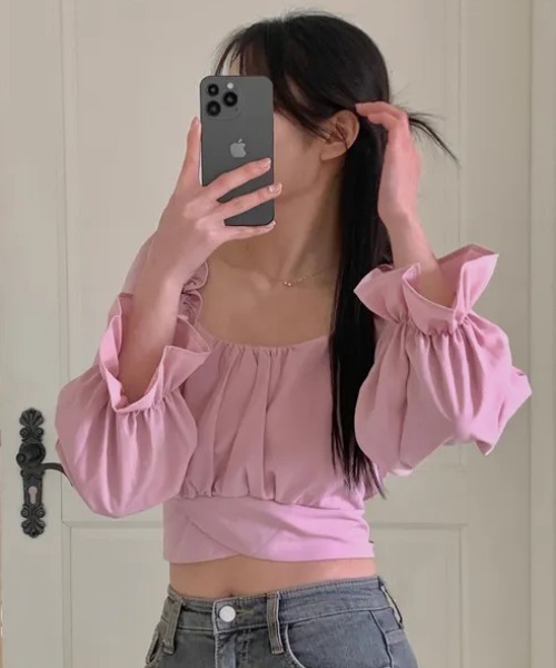 Per sist ence(パーシエンス)の「パフスリーブクロップド丈バックリボントップス(Tシャツ/カットソー・レディース・ブラック/ホワイト/ピンク・FREE)」の7枚目の写真