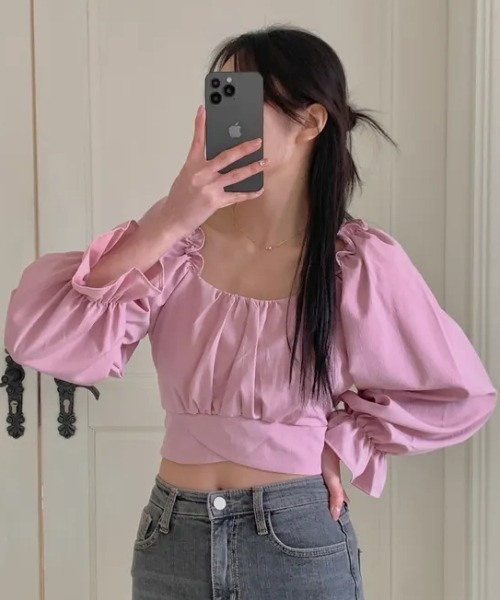 Per sist ence(パーシエンス)の「パフスリーブクロップド丈バックリボントップス(Tシャツ/カットソー・レディース・ブラック/ホワイト/ピンク・FREE)」の8枚目の写真
