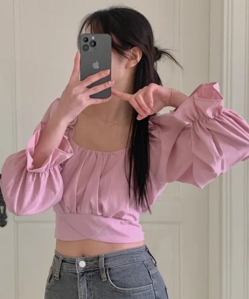 Per sist ence(パーシエンス)の「パフスリーブクロップド丈バックリボントップス(Tシャツ/カットソー・レディース・ブラック/ホワイト/ピンク・FREE)」の9枚目の写真
