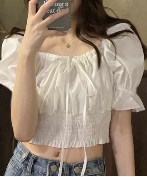 Mejoul（メジュール）の「2way シャーリングウエストパフスリーブブラウス（シャツ/ブラウス・レディース・ホワイト/ブルー・S/L/M）」の19枚目の写真