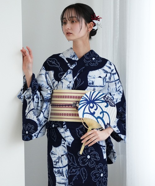 有松絞り浴衣3点セット utatane 綿麻 白と紺の花シルエット（浴衣