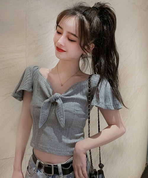 WESTSEA(ウエストシー)の「フロントリボン ショート丈 トップス(Tシャツ/カットソー・レディース・ブラック/ホワイト/グレー・FREE)」の3枚目の写真