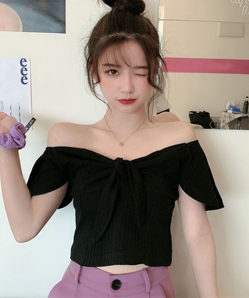 WESTSEA(ウエストシー)の「フロントリボン ショート丈 トップス(Tシャツ/カットソー・レディース・ブラック/ホワイト/グレー・FREE)」の1枚目の写真