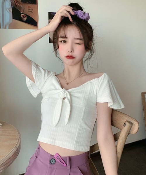 WESTSEA(ウエストシー)の「フロントリボン ショート丈 トップス(Tシャツ/カットソー・レディース・ブラック/ホワイト/グレー・FREE)」の4枚目の写真
