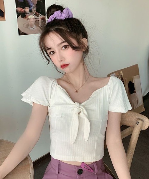 WESTSEA(ウエストシー)の「フロントリボン ショート丈 トップス(Tシャツ/カットソー・レディース・ブラック/ホワイト/グレー・FREE)」の5枚目の写真