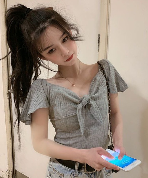 WESTSEA(ウエストシー)の「フロントリボン ショート丈 トップス(Tシャツ/カットソー・レディース・ブラック/ホワイト/グレー・FREE)」の13枚目の写真