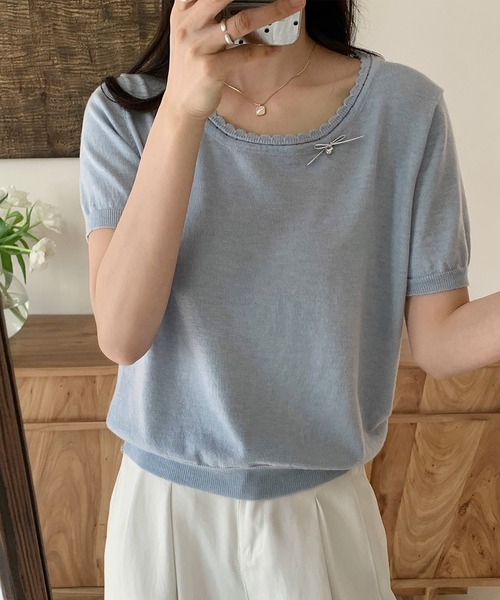 BANICO（バニコ）の「かぎ編み風ネックライン半袖ニットトップス (SS)（ニット/セーター・レディース・ライトベージュ/グレー/ブルー/ネイビー・FREE）」の11枚目の写真