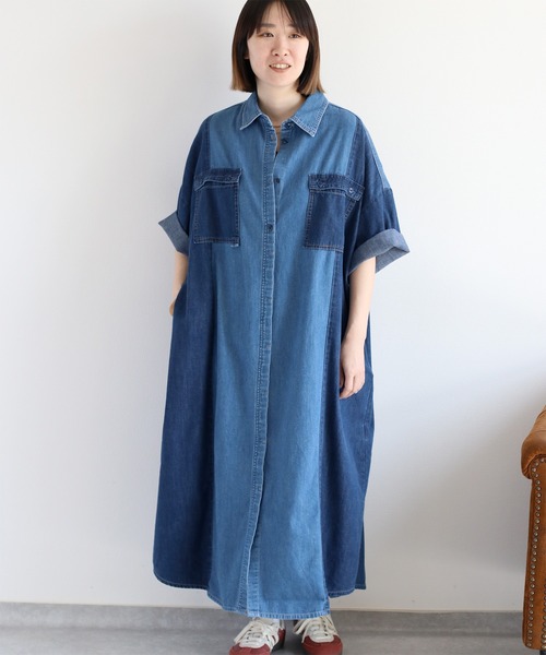 cepo(セポ)の「デニムミックスパッチワークシャツワンピース(シャツワンピース・レディース・ブルー系3/ブルー系2・M)」の2枚目の写真