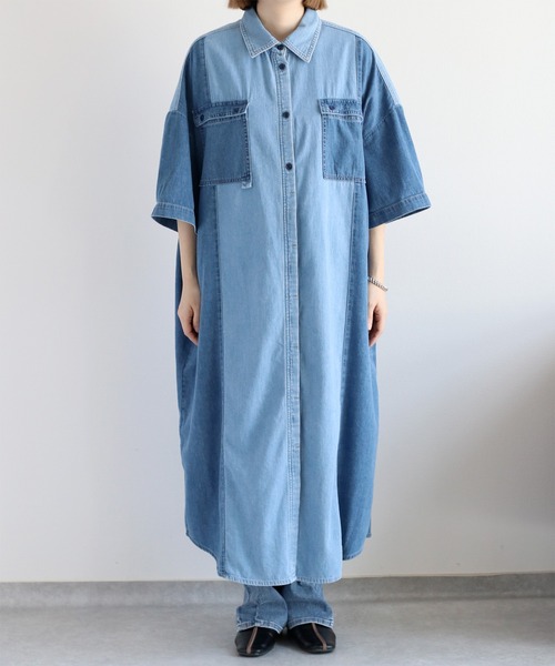 cepo(セポ)の「デニムミックスパッチワークシャツワンピース(シャツワンピース・レディース・ブルー系3/ブルー系2・M)」の5枚目の写真