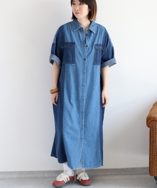 cepo(セポ)の「デニムミックスパッチワークシャツワンピース(シャツワンピース・レディース・ブルー系3/ブルー系2・M)」の16枚目の写真