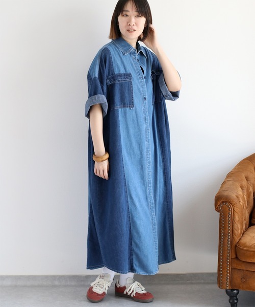 cepo(セポ)の「デニムミックスパッチワークシャツワンピース(シャツワンピース・レディース・ブルー系3/ブルー系2・M)」の11枚目の写真