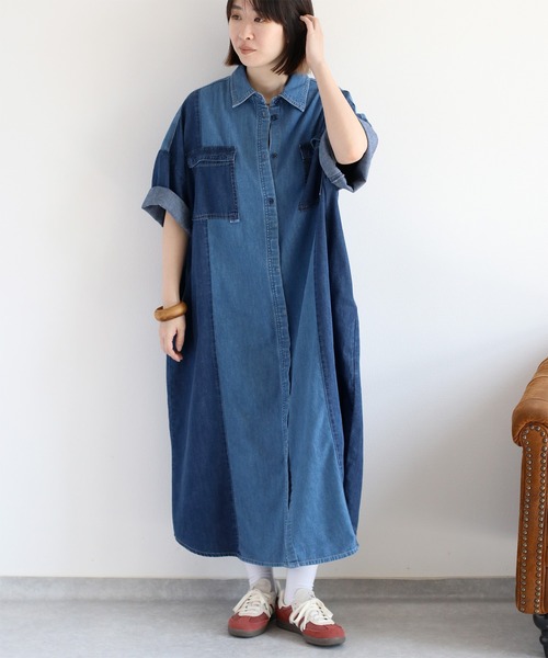 cepo(セポ)の「デニムミックスパッチワークシャツワンピース(シャツワンピース・レディース・ブルー系3/ブルー系2・M)」の10枚目の写真