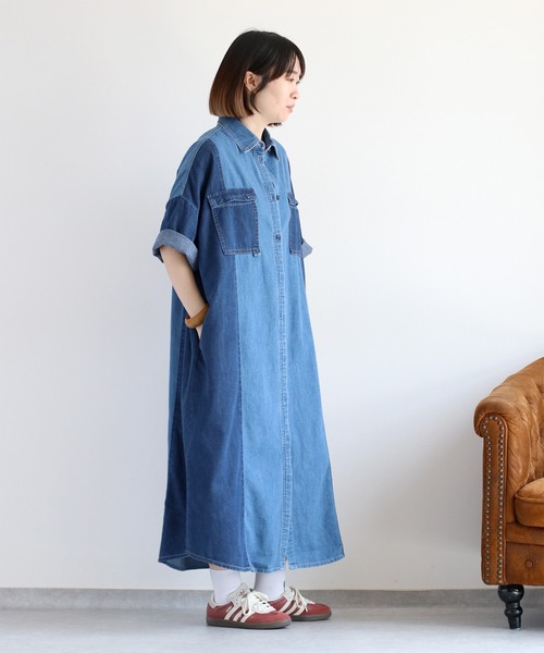 cepo(セポ)の「デニムミックスパッチワークシャツワンピース(シャツワンピース・レディース・ブルー系3/ブルー系2・M)」の7枚目の写真