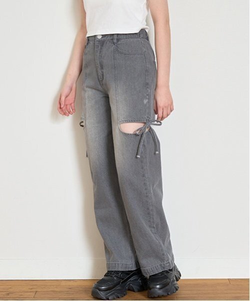 新品　ニースリットデニム　ラブティックボンボン セール】リボンスリットデニムパンツ（デニムパンツ