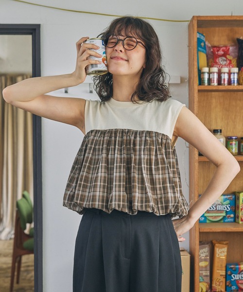 チェック柄 バルーンデザイン 切り替え タンクトップ MONO-MART LADY'S