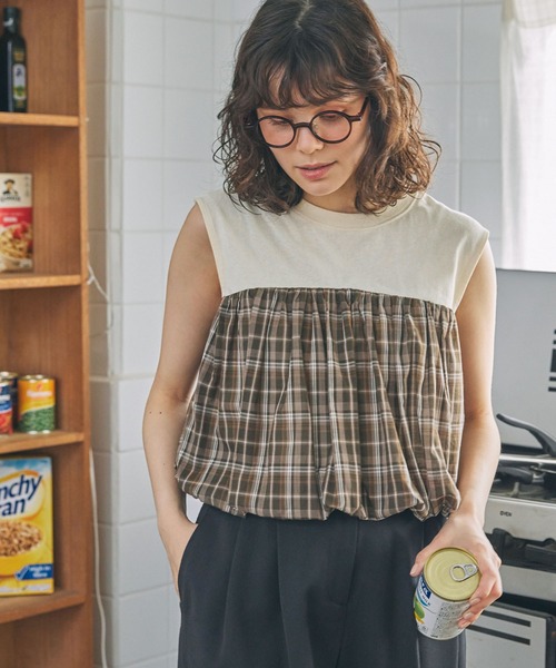 チェック柄 バルーンデザイン 切り替え タンクトップ（タンクトップ