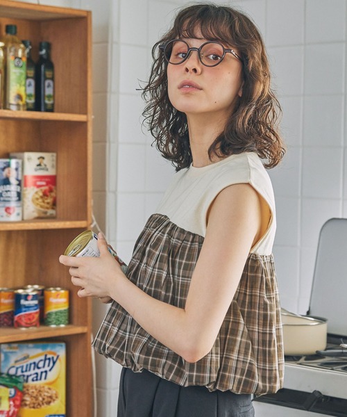 チェック柄 バルーンデザイン 切り替え タンクトップ MONO-MART LADY'S