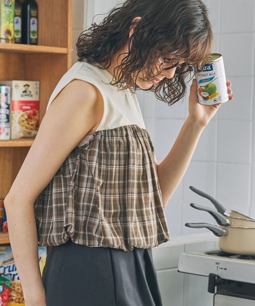 チェック柄 バルーンデザイン 切り替え タンクトップ（タンクトップ