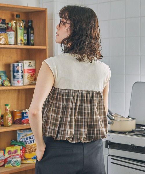 チェック柄 バルーンデザイン 切り替え タンクトップ（タンクトップ