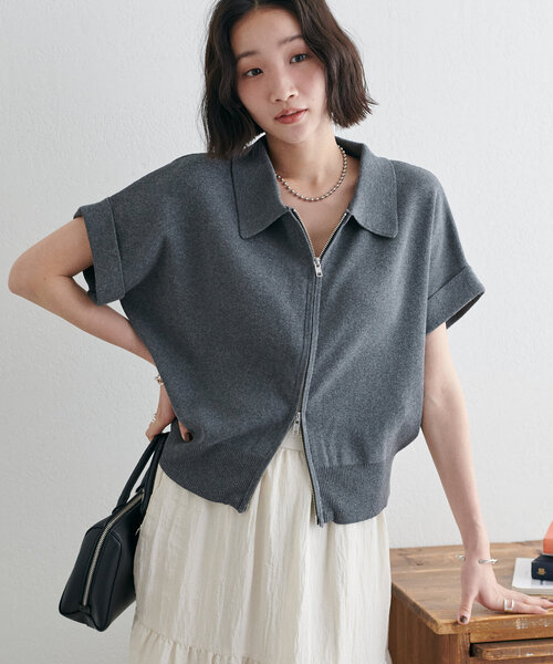 discoat 衿付きWジップ半袖カーディガン 襟付き Discoat｜衿付きWジップ半袖カーディガン | Rakuten Fashion