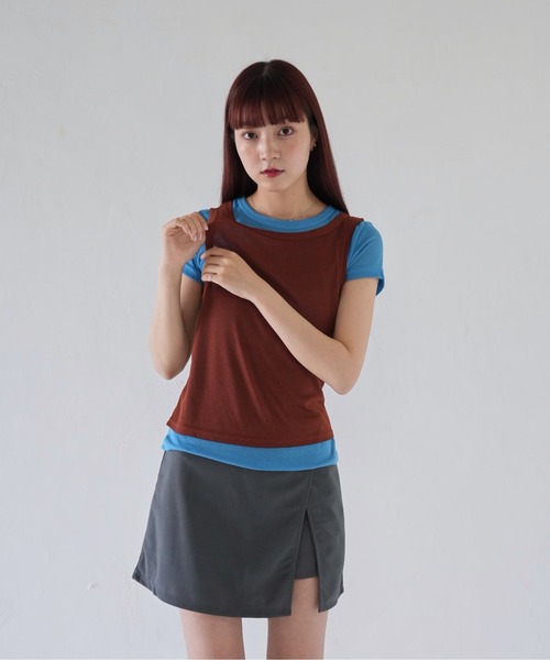 Uenui(ウニュイ)の「【 cunii 】 バイカラー レイヤード トップス レイヤード風トップス レイヤードTシャツ 半袖 秋冬新作(Tシャツ/カットソー・レディース・ブラック/ブラウン/レッド・FREE)」の8枚目の写真