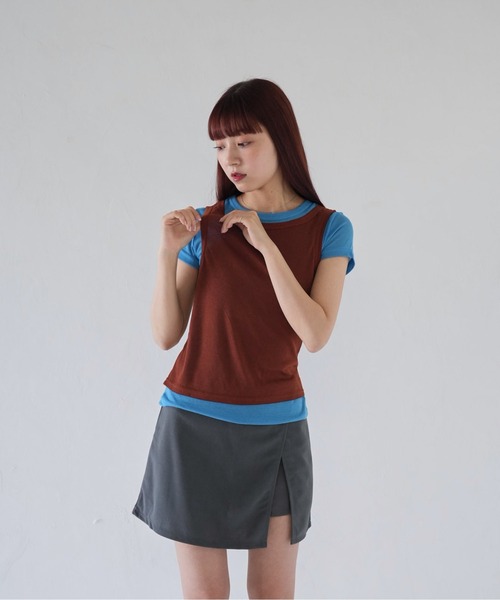 Uenui(ウニュイ)の「【 cunii 】 バイカラー レイヤード トップス レイヤード風トップス レイヤードTシャツ 半袖 秋冬新作(Tシャツ/カットソー・レディース・ブラック/ブラウン/レッド・FREE)」の9枚目の写真