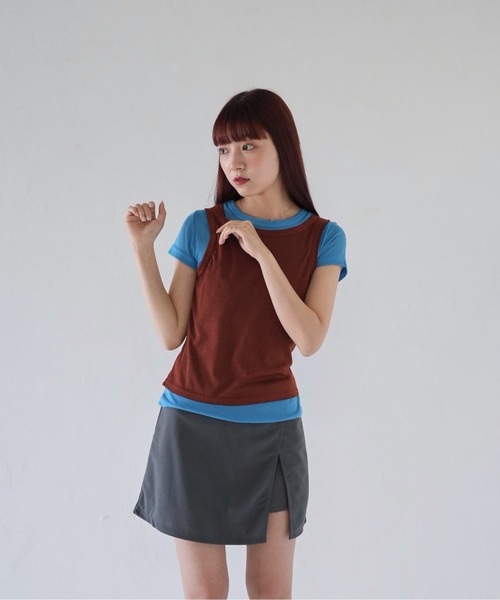 Uenui(ウニュイ)の「【 cunii 】 バイカラー レイヤード トップス レイヤード風トップス レイヤードTシャツ 半袖 秋冬新作(Tシャツ/カットソー・レディース・ブラック/ブラウン/レッド・FREE)」の10枚目の写真