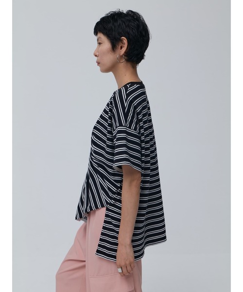 Brown&Street アシンメトリーペプラムボーダーTシャツ カットソー レディース ホワイト 半袖 トップス 丸首 おしゃれ 新品 アシンメトリーペプラムボーダーT / Brown&Street（ブラウン