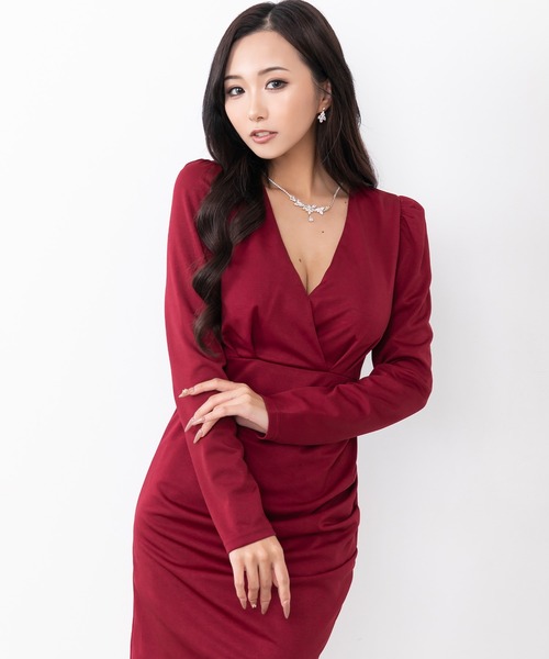 myMinette(マイミネット)の「キャバドレス ミニ タイト 長袖 シンプルワンカラー裾ラップドレス キャバワンピ(ドレス・レディース・ブラック/ネイビー/グリーン/ワインレッド・LARGE/MEDIUM/SMALL/X-LARGE/XX-LARGE/XXX-LARGE)」の4枚目の写真
