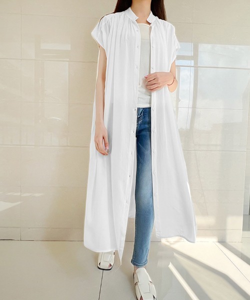ONEP STAR(ワンピスター)の「ギャザーロングシャツワンピース(シャツワンピース・レディース・イエロー/ホワイト/ライトグリーン・FREE)」の2枚目の写真