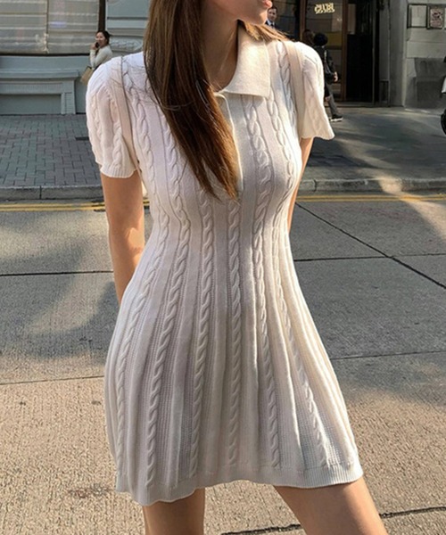 RADIATE 半袖ニットワンピース スキッパーカラーニットワンピース-short & regular | 小柄・低
