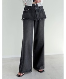 Re:EDIT | [低身長/高身長サイズ有]コットンデニムスカートレイヤードライクパンツ(デニムパンツ)