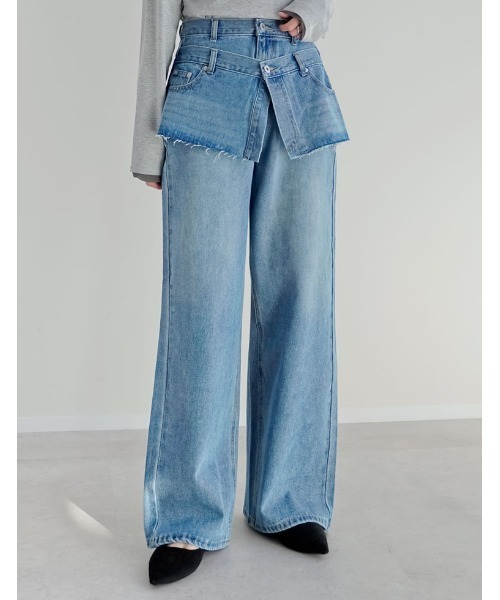 Re:EDIT（リエディ）の「[低身長/高身長サイズ有]コットンデニムスカートレイヤードライクパンツ（デニムパンツ・レディース・ブラック/ブルー/グレー/ネイビー・SHORT/MEDIUM/TALL/LARGE）」の9枚目の写真